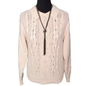 Liz Claiborne Ivory Cable Knit Silk Blend Sweater With Peter Pan Collar – Size M